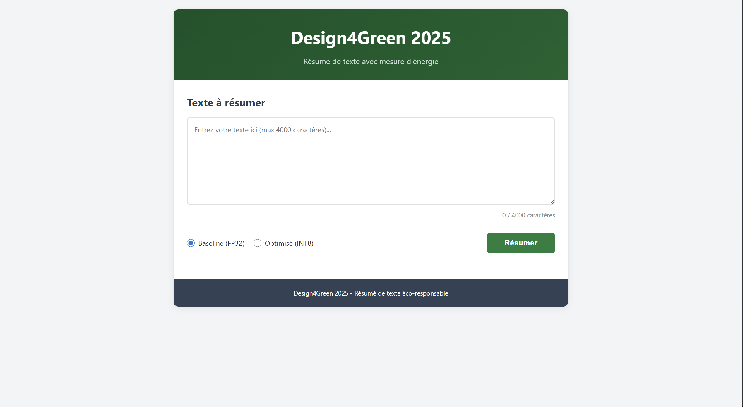 Interface web de l’application Design4Green affichant les métriques d’énergie et de latence