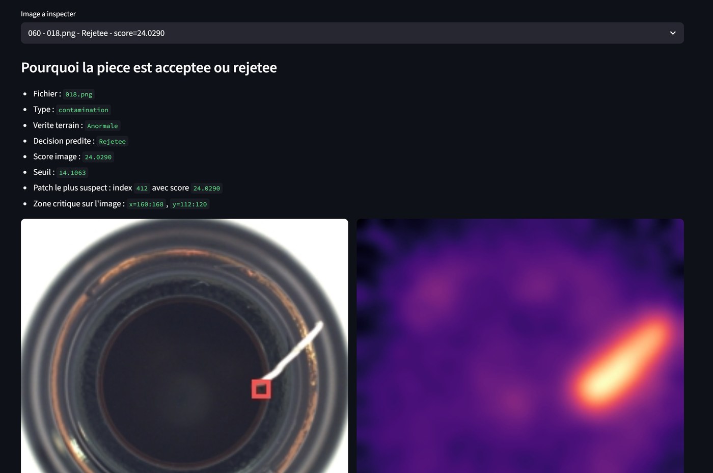Per-image explanation view: the inspected part shown next to its anomaly heatmap, with the most suspicious patch highlighted and the score, threshold, and decision listed above.